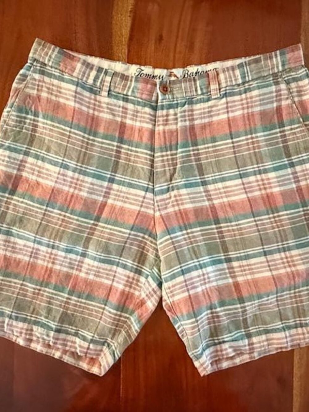 EUC Tommy Bahama Mens Sz 38 Plaid Linen Blend Shorts Teal Rust Coastal Casual